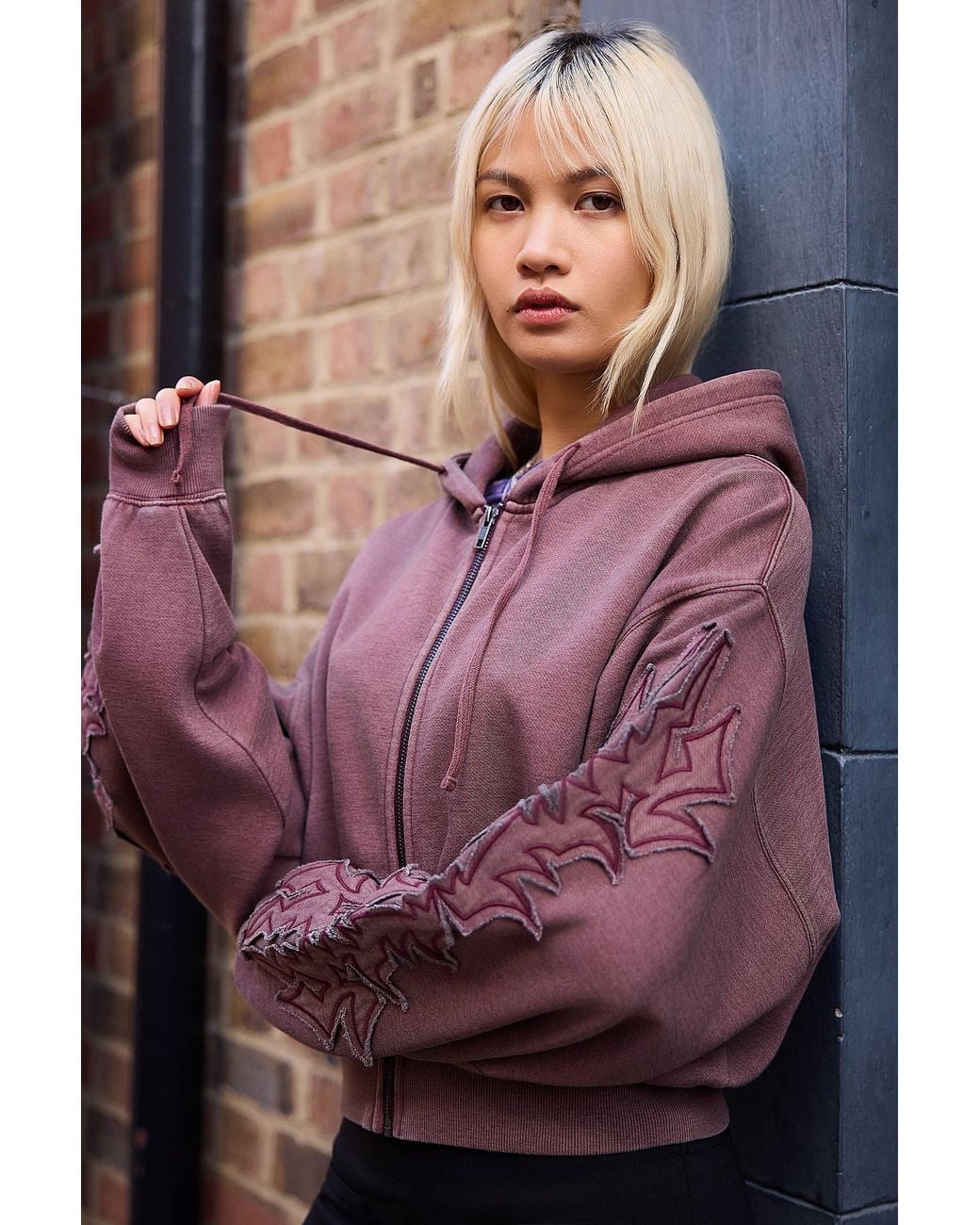 Silence + Noise Purple Silence + Noise Appliqué Cropped Zip-through Hoodie