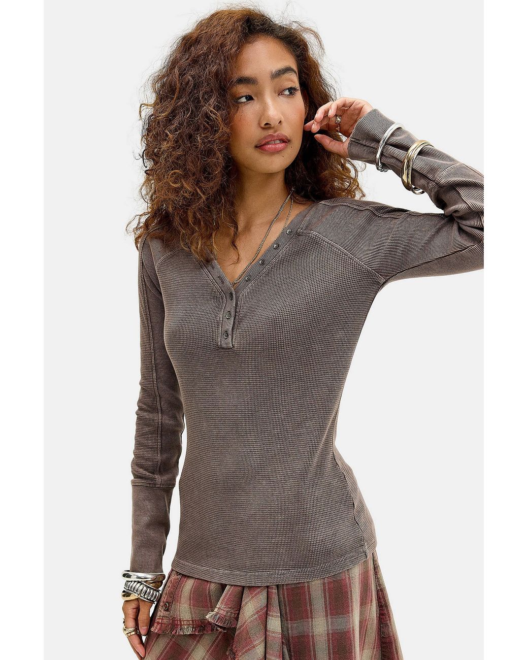 BDG Brown Lorna Waffle V-neck Henley Tee