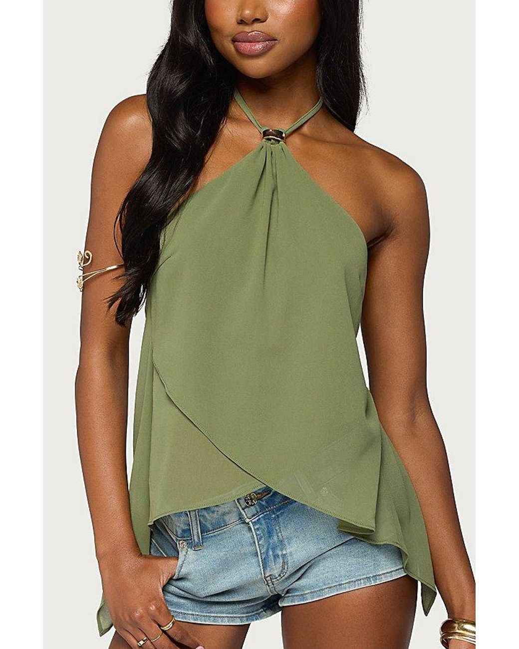 Edikted Green Chiffon Split Open Back Halter Top