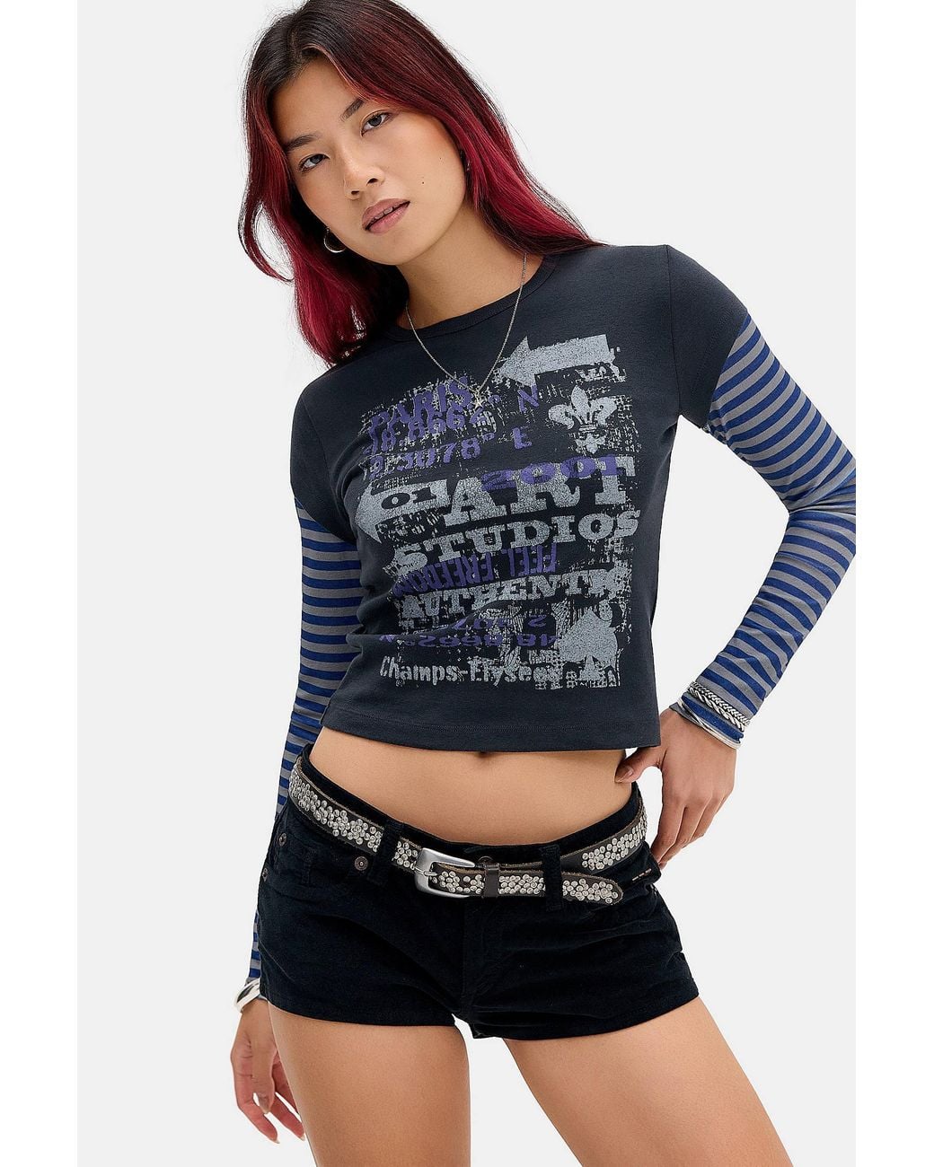 Urban Outfitters Blue Uo Art Studios Double-layer Baby Tee