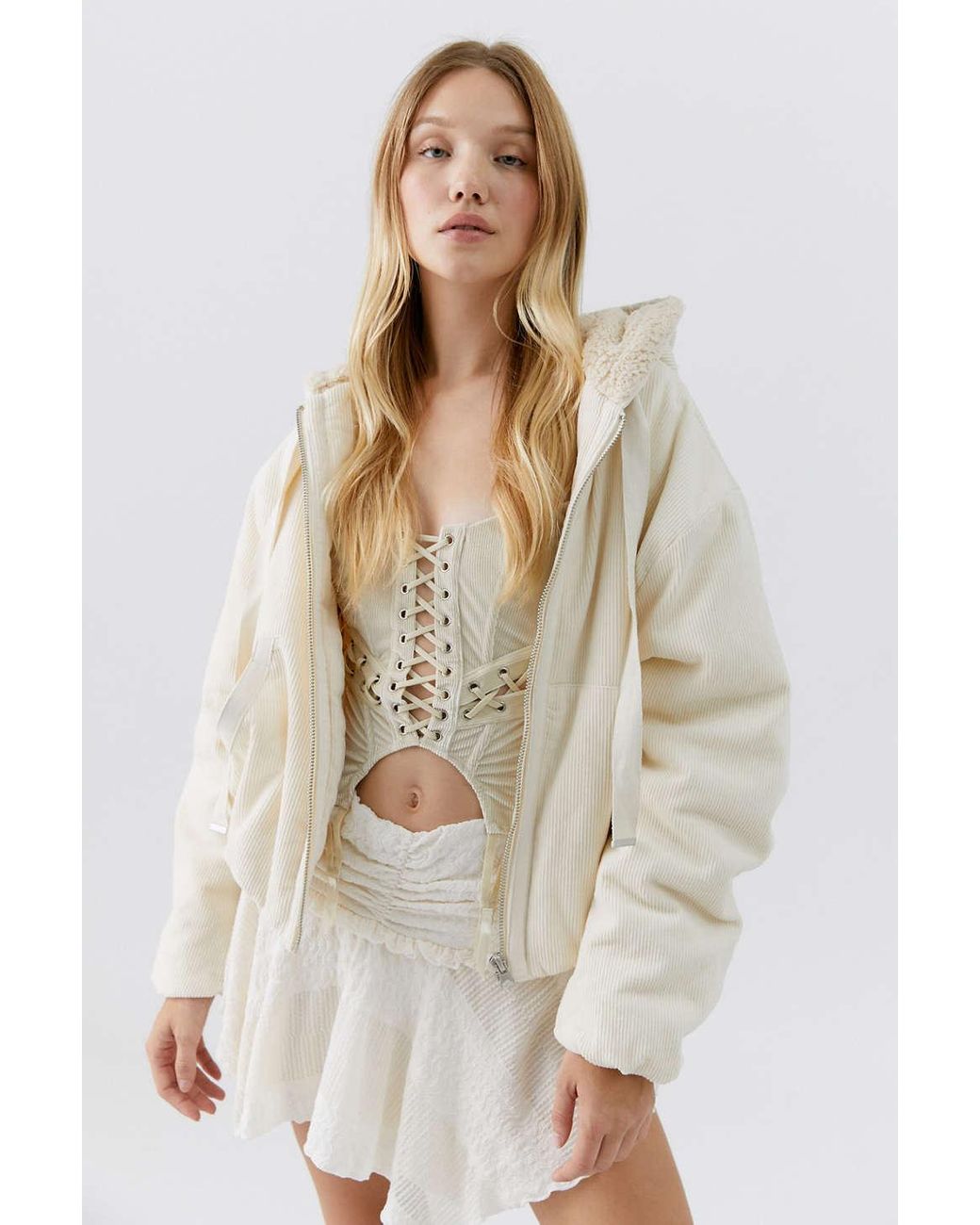 Faux fur raglan online sleeve hooded corduroy jacket