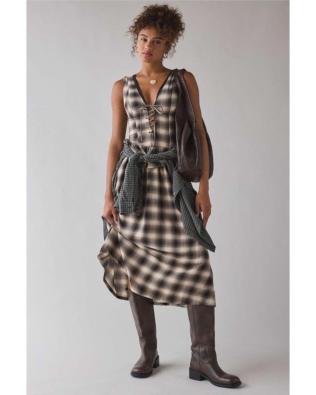 Urban Outfitters Uo Perfectly Plaid Midi Dress in Brown Lyst UK
