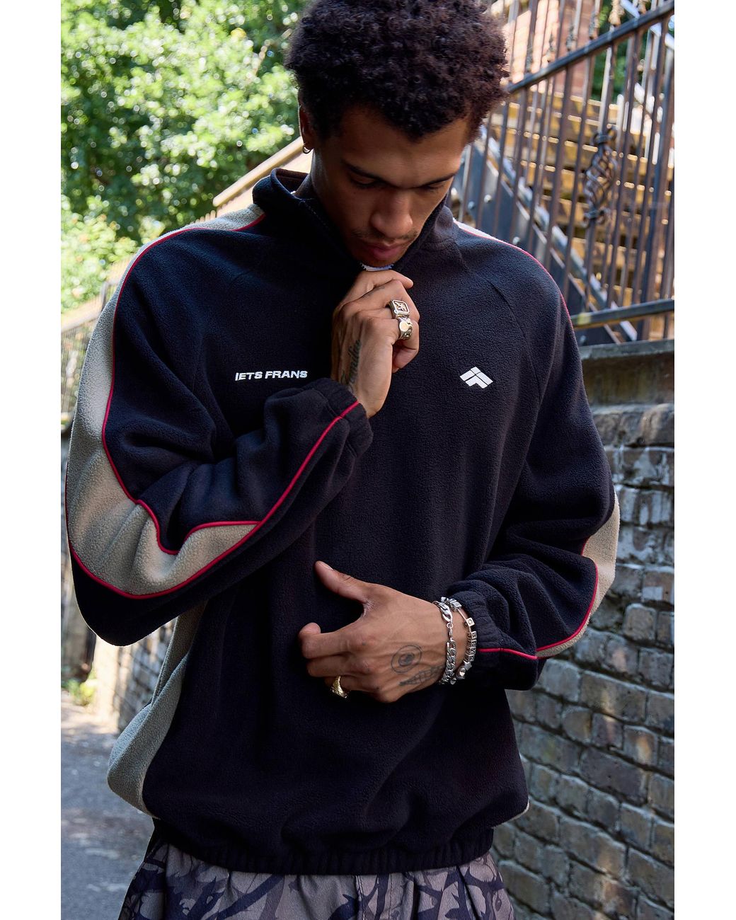 iets frans Blue Black Football Panel Fleece for men