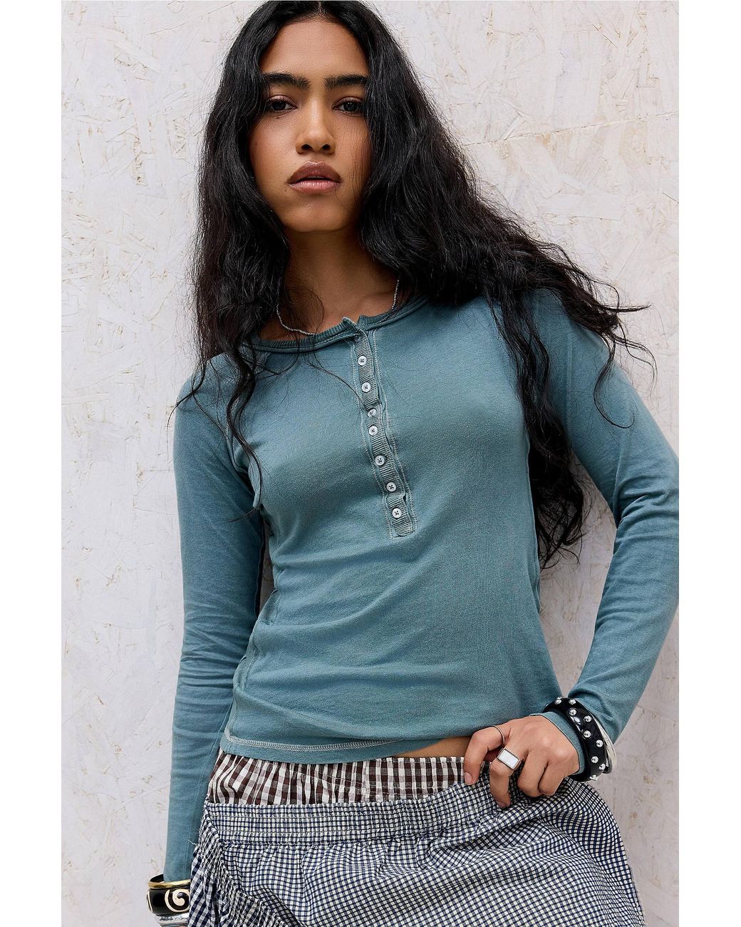 BDG Blue Baxter Long Sleeve Henley T-shirt