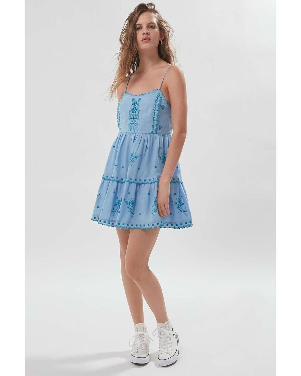 sachin and babi light blue dress Urban Outfitters Uo Hanna Embroidered Scalloped Babydoll Mini Dress in Blue