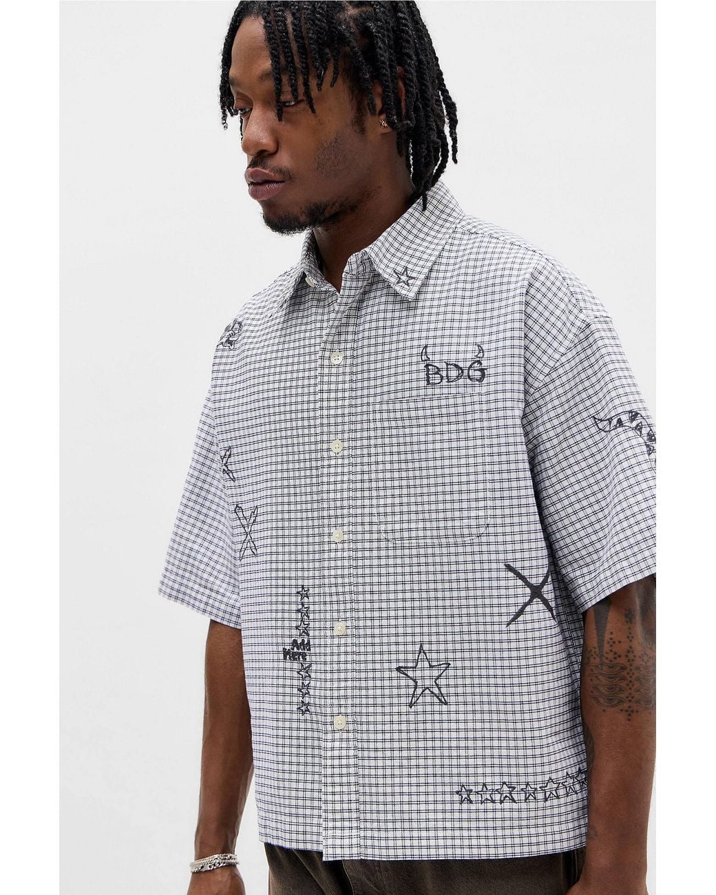 BDG Gray Arlo Doodle Check Short Sleeve Shirt for men