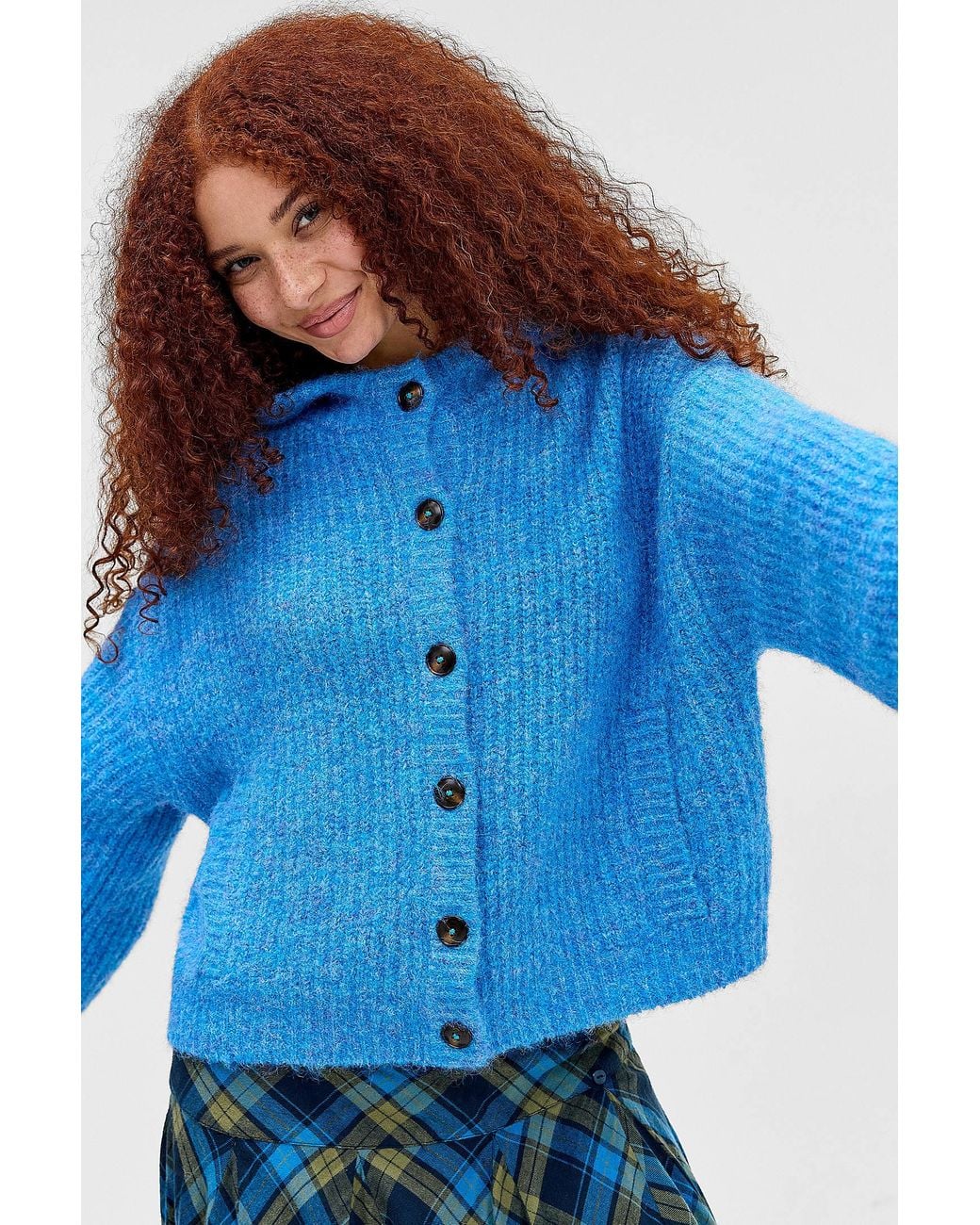 Urban Outfitters Blue Uo Indi Hooded Ribbed Cardigan