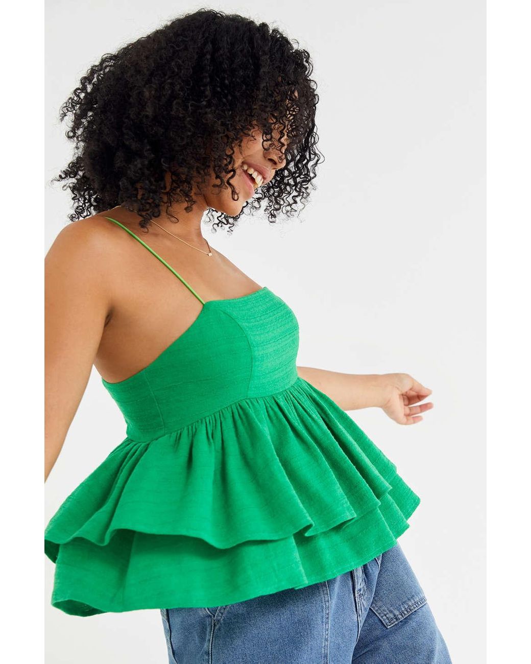 Urban Outfitters Uo Olivia Tiered Ruffle Babydoll Tank Top in Green | Lyst