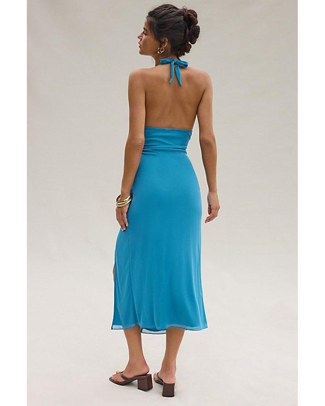 Urban Outfitters Uo Deep Plunge Halter Ruched Mesh Midi Dress in Blue | Lyst