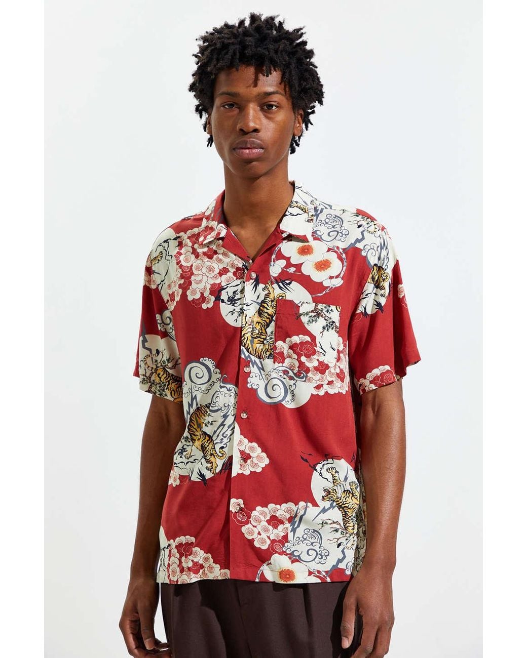 Urban Outfitters Uo Fierce Tigers Rayon Short Sleeve Buttondown Shirt