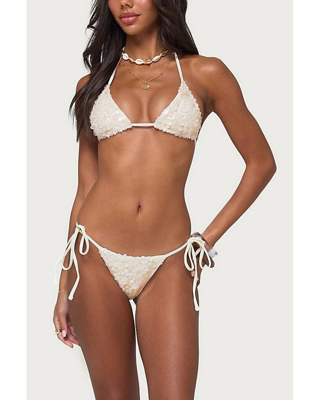 Edikted White Grace Sequin String Bikini Bottom