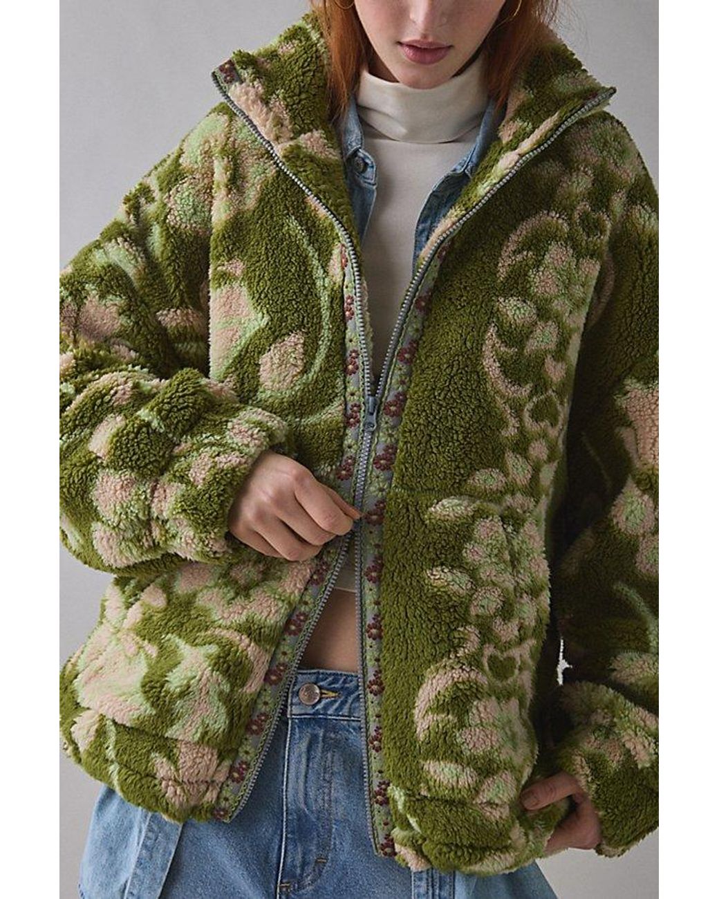 BDG Green Mae Printed Piled Fleece Zip-Up Jacket