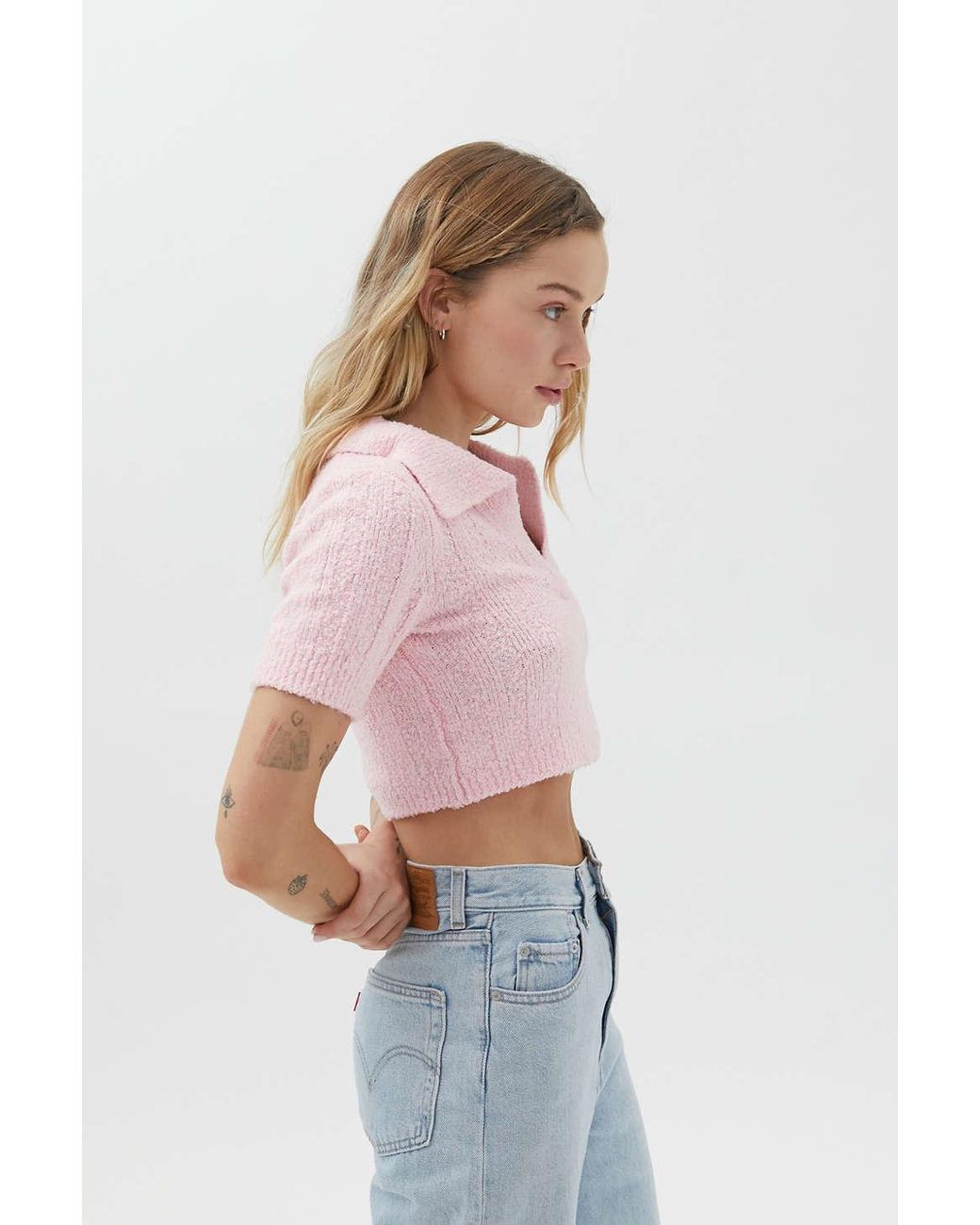 Urban Outfitters Uo Andrea Collared Cropped Sweater in Pink | Lyst