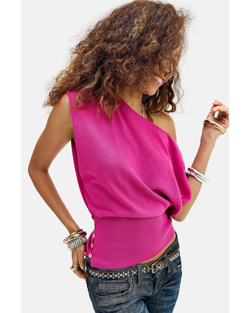 Urban Outfitters Pink Uo Shay Off-shoulder Button Top