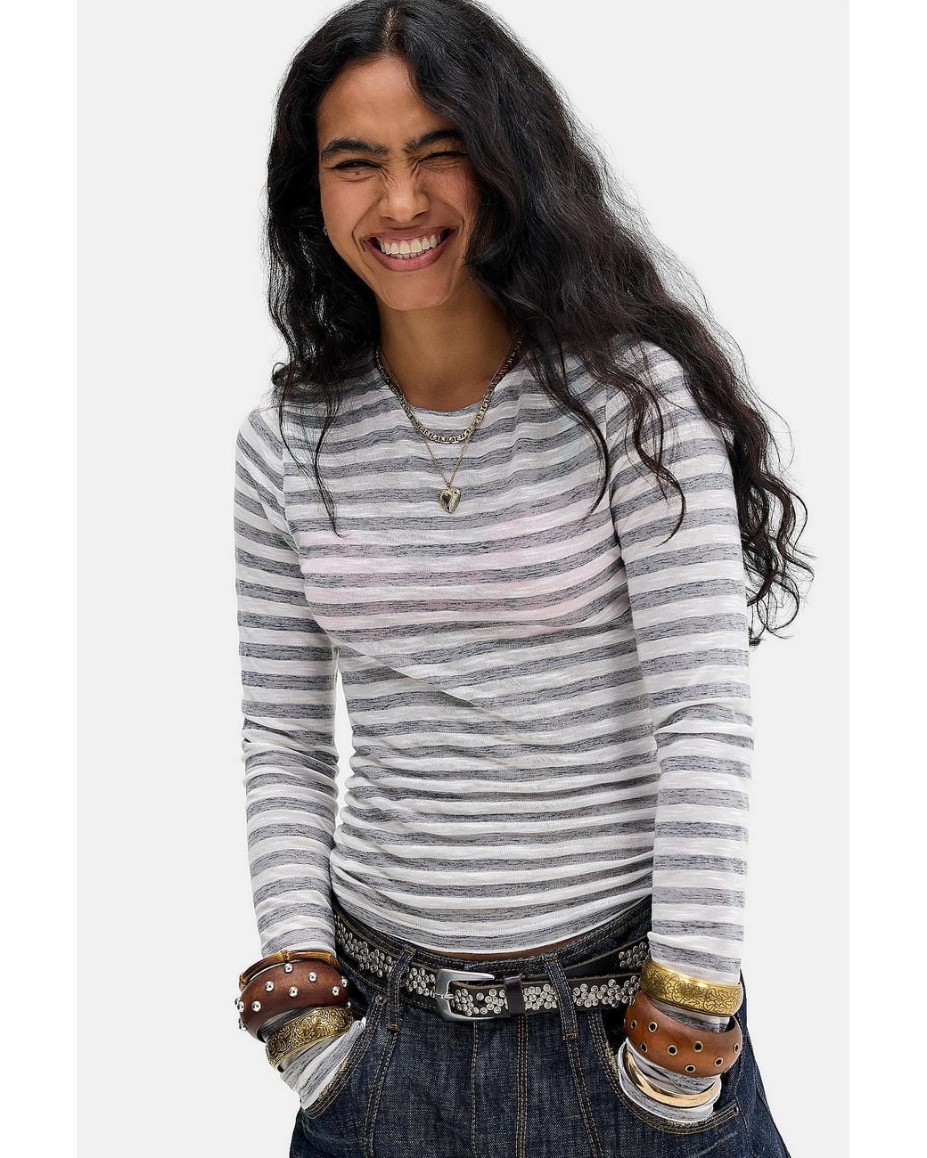 Motel Gray White & Grey Alon Sheer Jersey Top Xs At Urban Outfitters