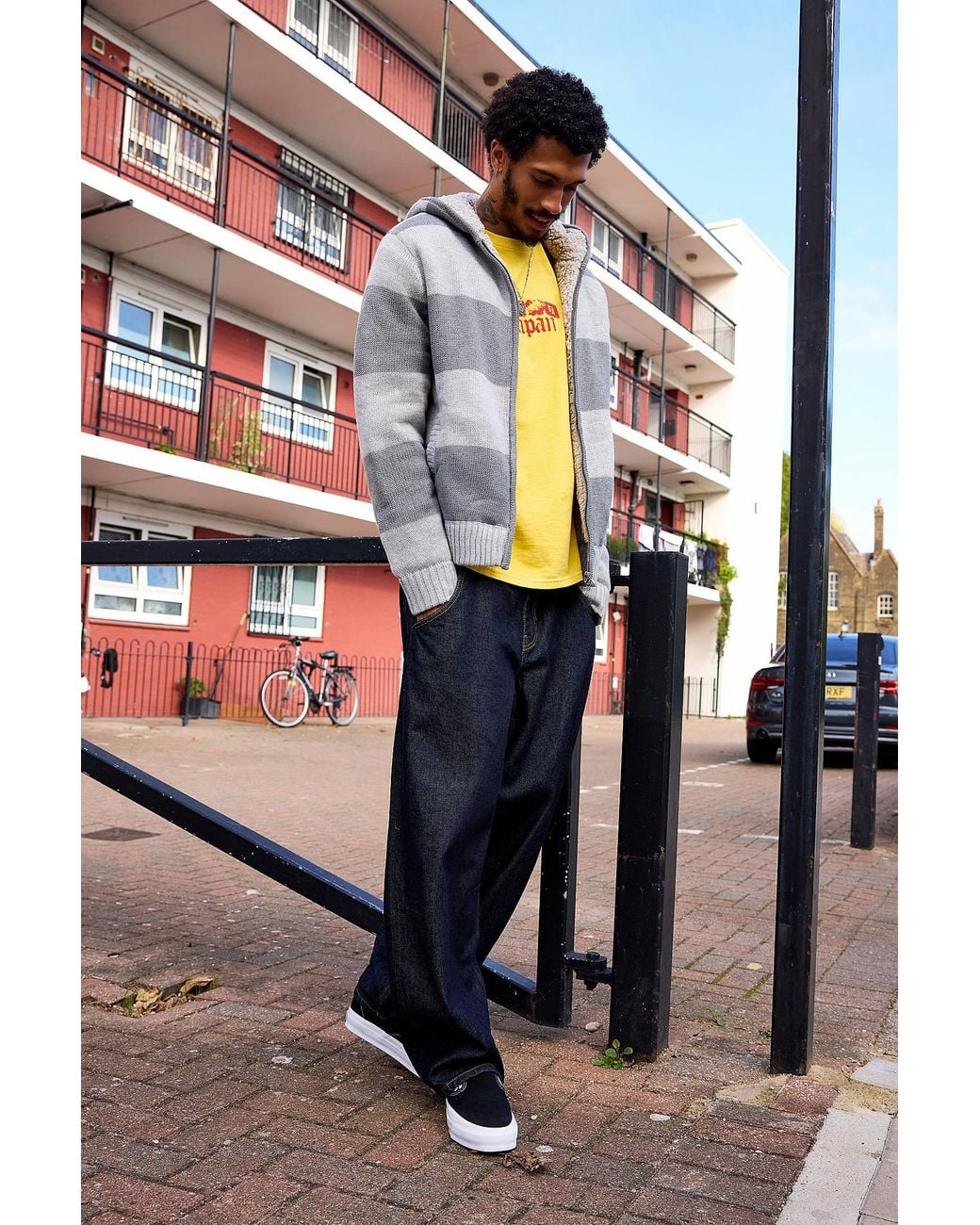 BDG Black Grey Borg Stripe Zip-through Hoodie for men