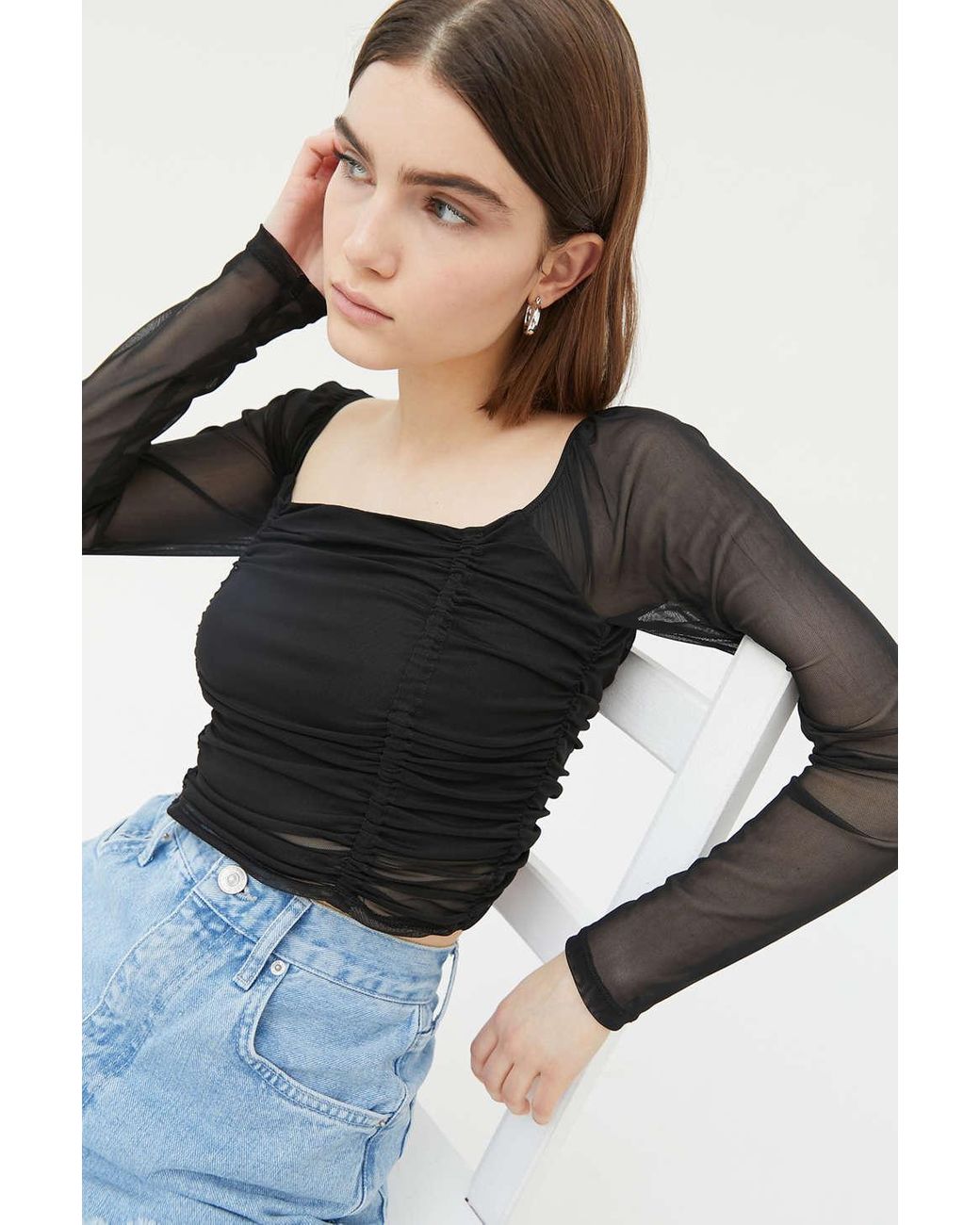 Urban Outfitters Uo Liana Mesh Long Sleeve Cropped Top in Black | Lyst