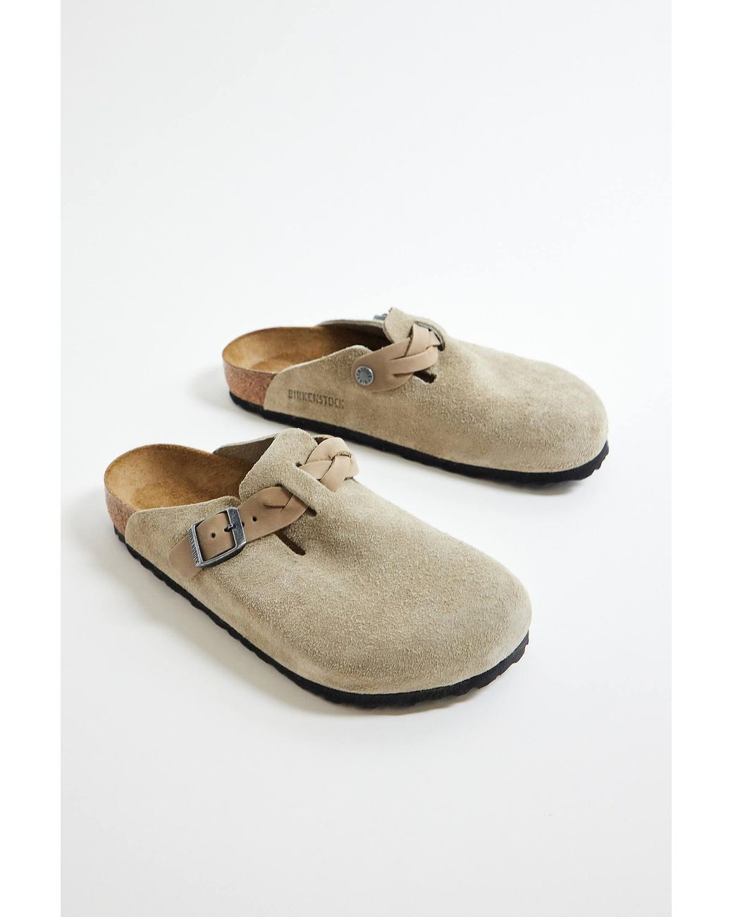 Birkenstock Gray Braided Taupe Suede Boston Clogs