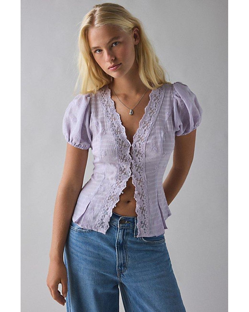 Kimchi Blue Aurelia Lace Trim Puff Sleeve Blouse in Blue | Lyst