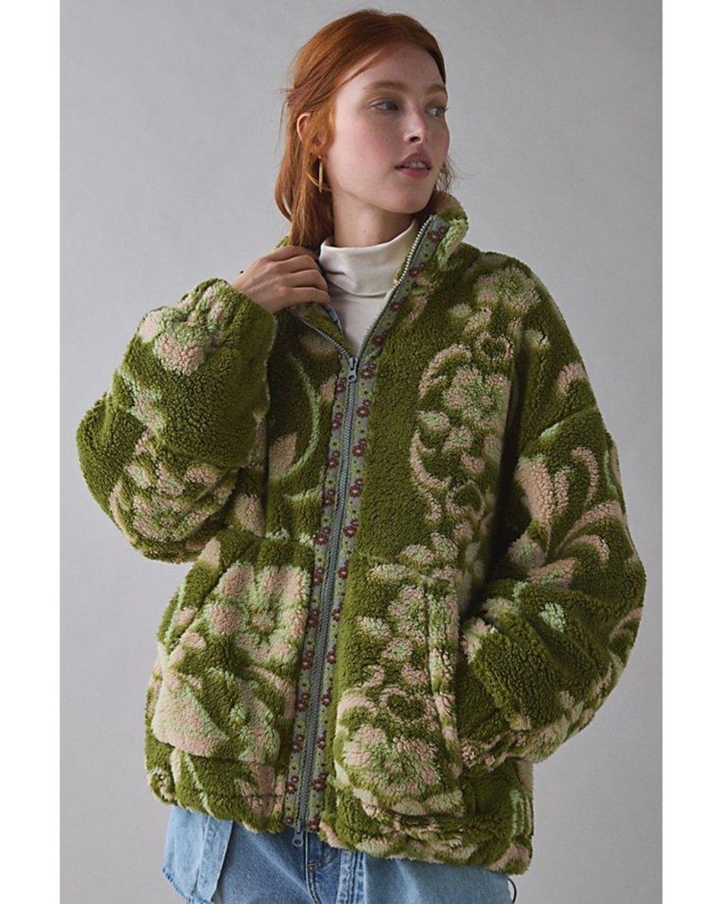 BDG Green Mae Printed Piled Fleece Zip-Up Jacket