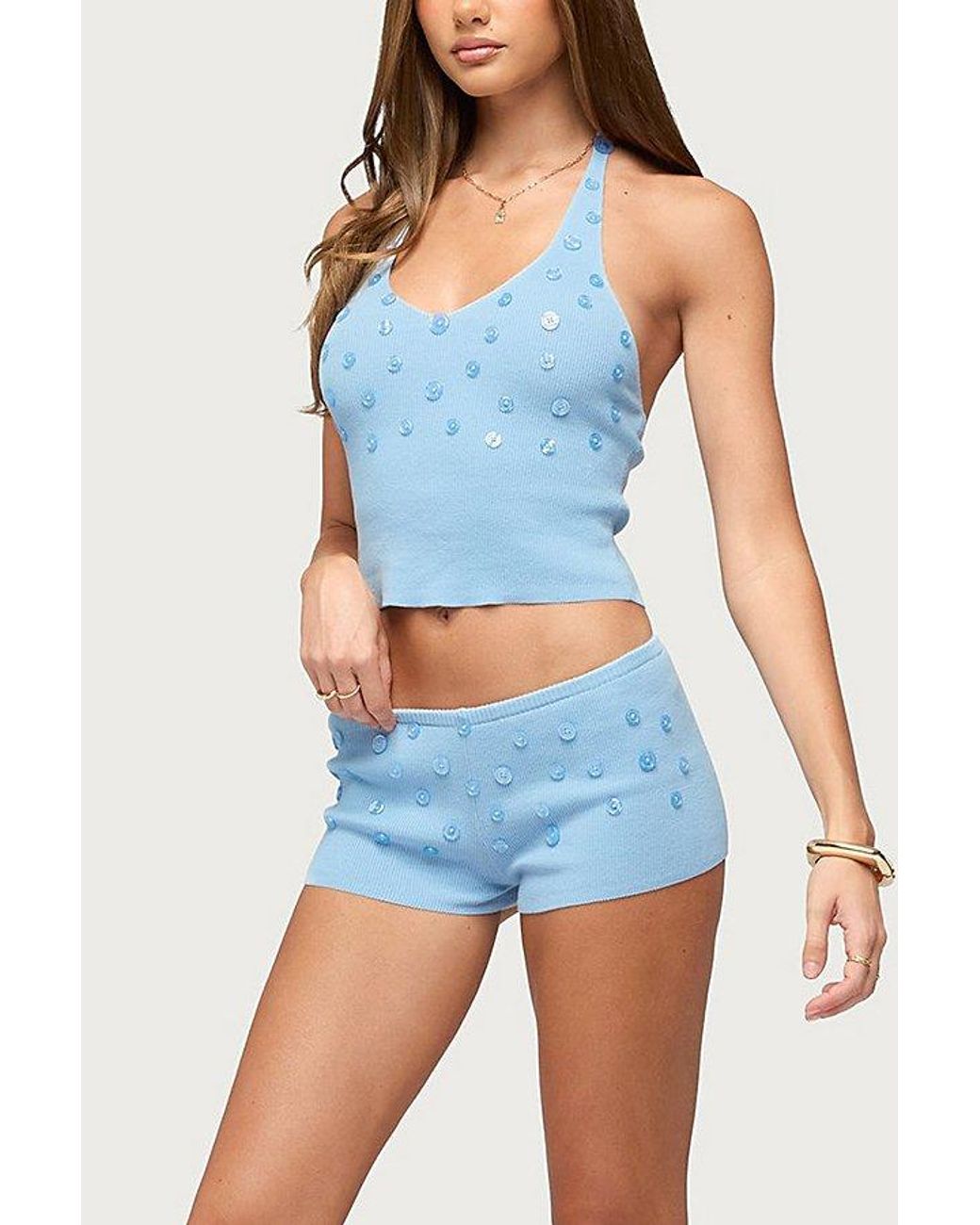 Edikted Blue Nataly Button Knit Shorts