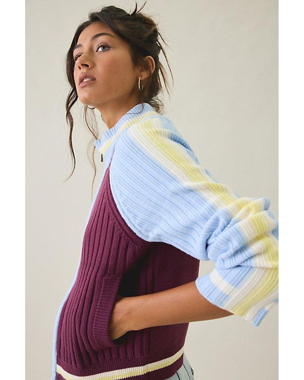 BDG Blue Ruby Ribbed Knit Mockneck Zip-Up Cardigan