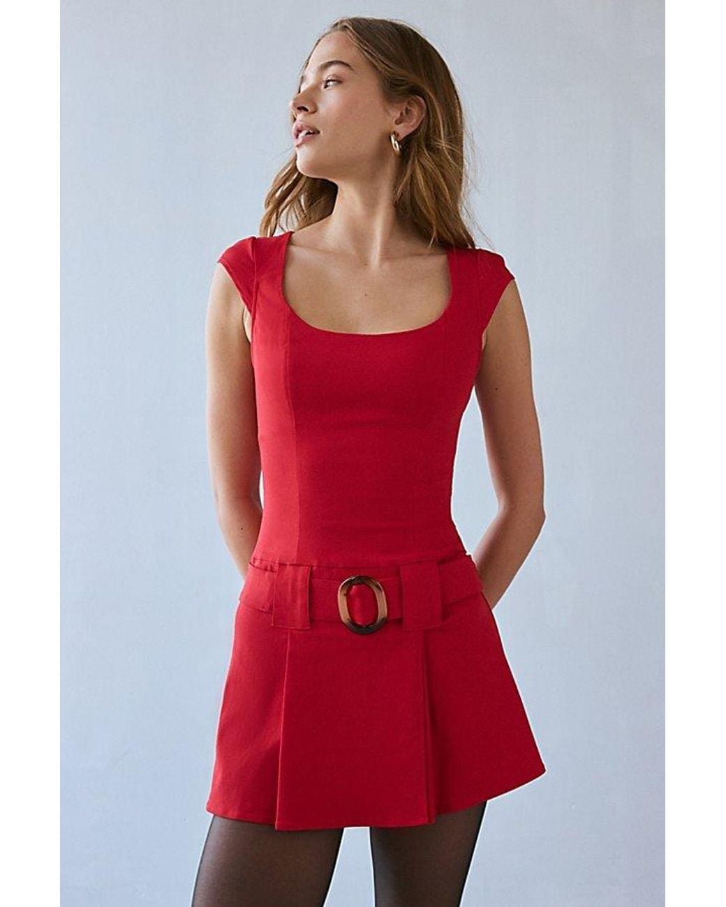 Kimchi Blue Tate Belted Drop Waist Mini Dress in Red | Lyst