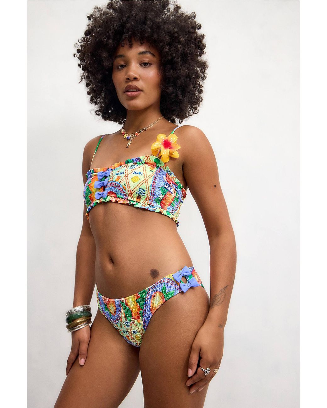 Damson Madder Black Jessie Orange Print Shirred Bow Bikini Top