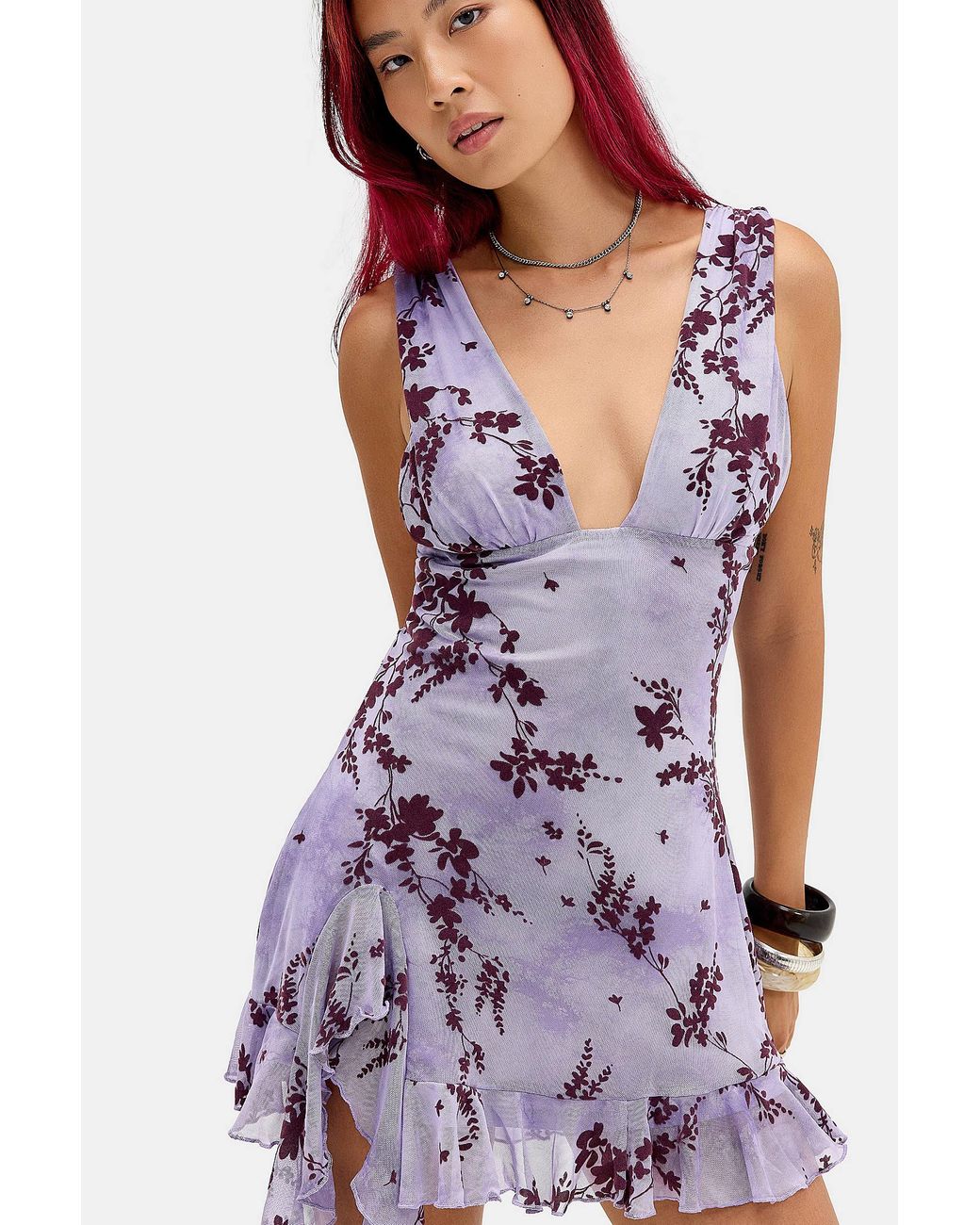 Kimchi Blue Purple Nightbloom Plunge Flocked Mini Dress