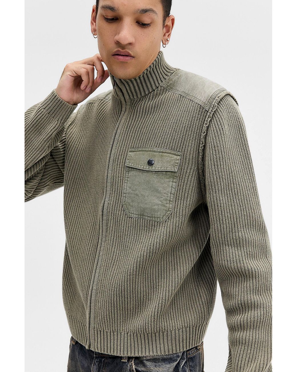 BDG Green Panelled Rib Knit Cardigan for men