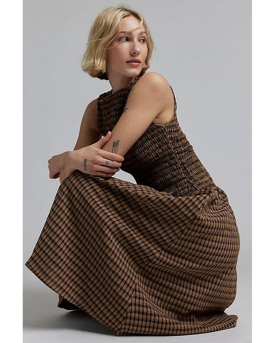 Daisy Street Shirred Plaid Drop Waist Midi Dress in Brown | Lyst