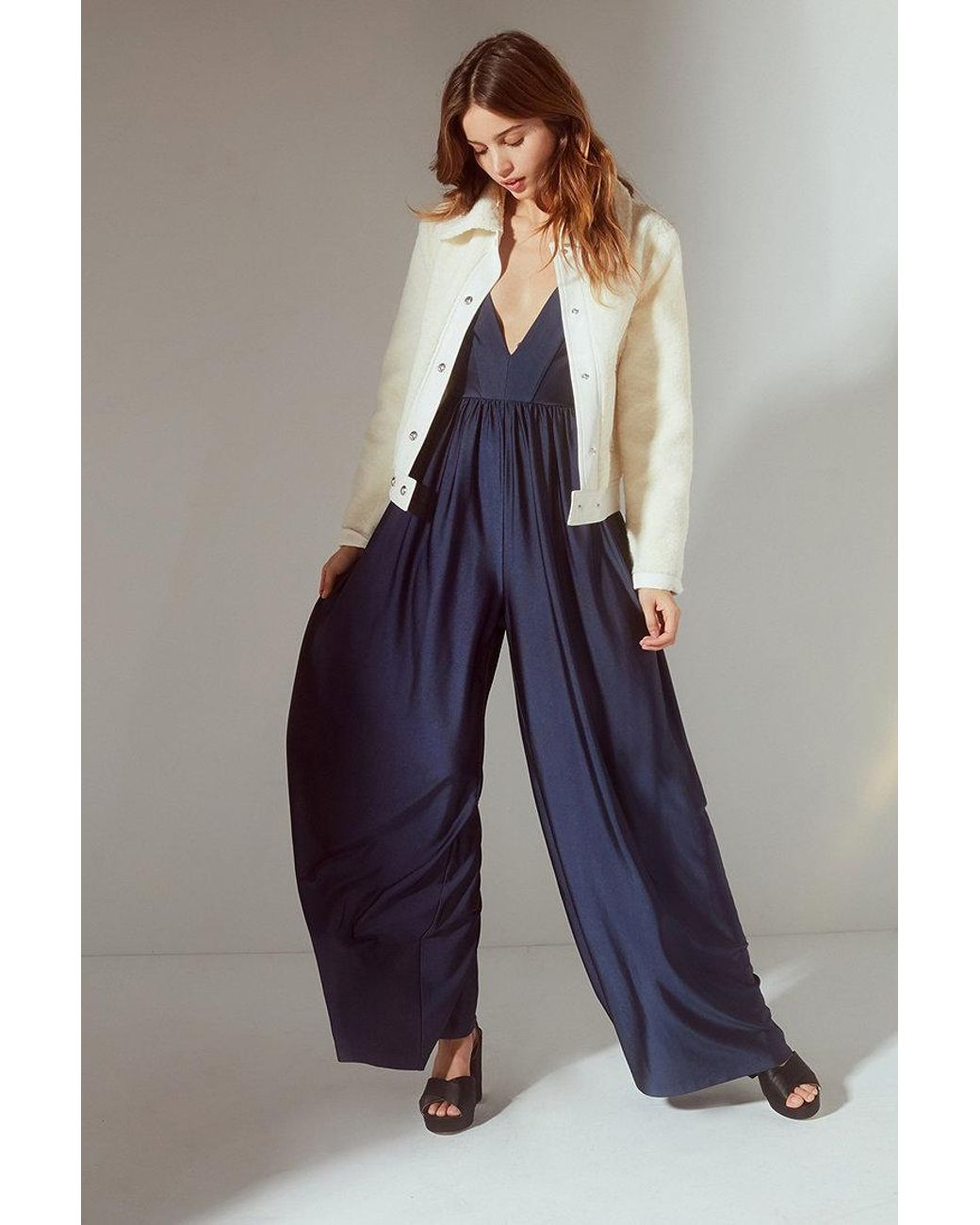 Urban Outfitters Uo Gia Plunging Shimmer Jumpsuit in Navy (Blue) | Lyst UK