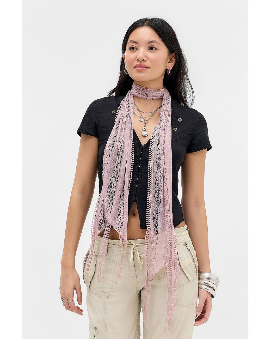 Urban Outfitters Pink Uo Lace Tassle Skinny Scarf