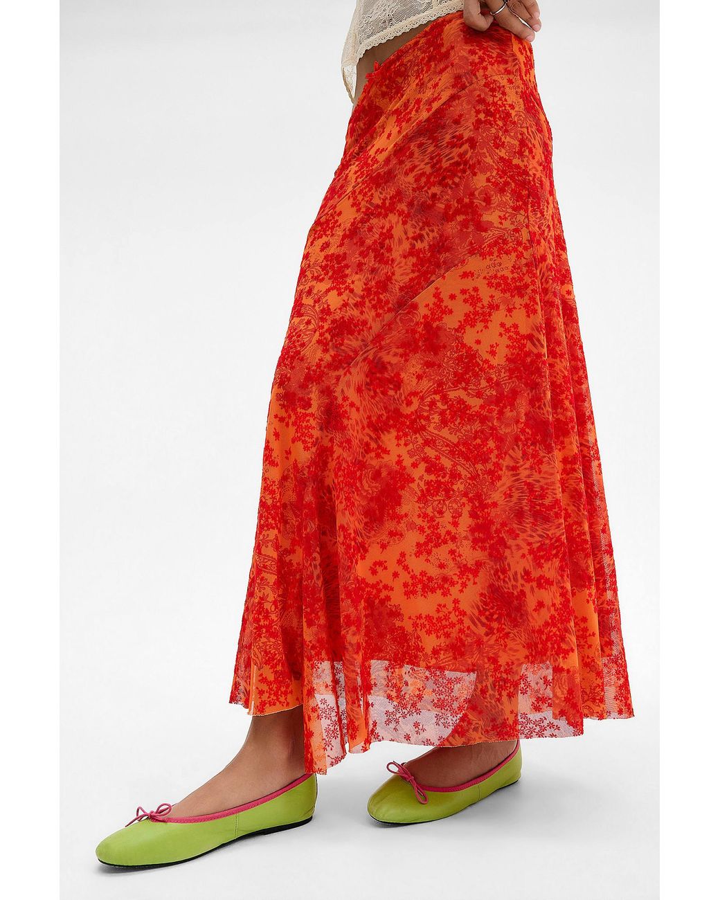 Urban Outfitters Red Uo Contour Flocked Mesh Maxi Skirt