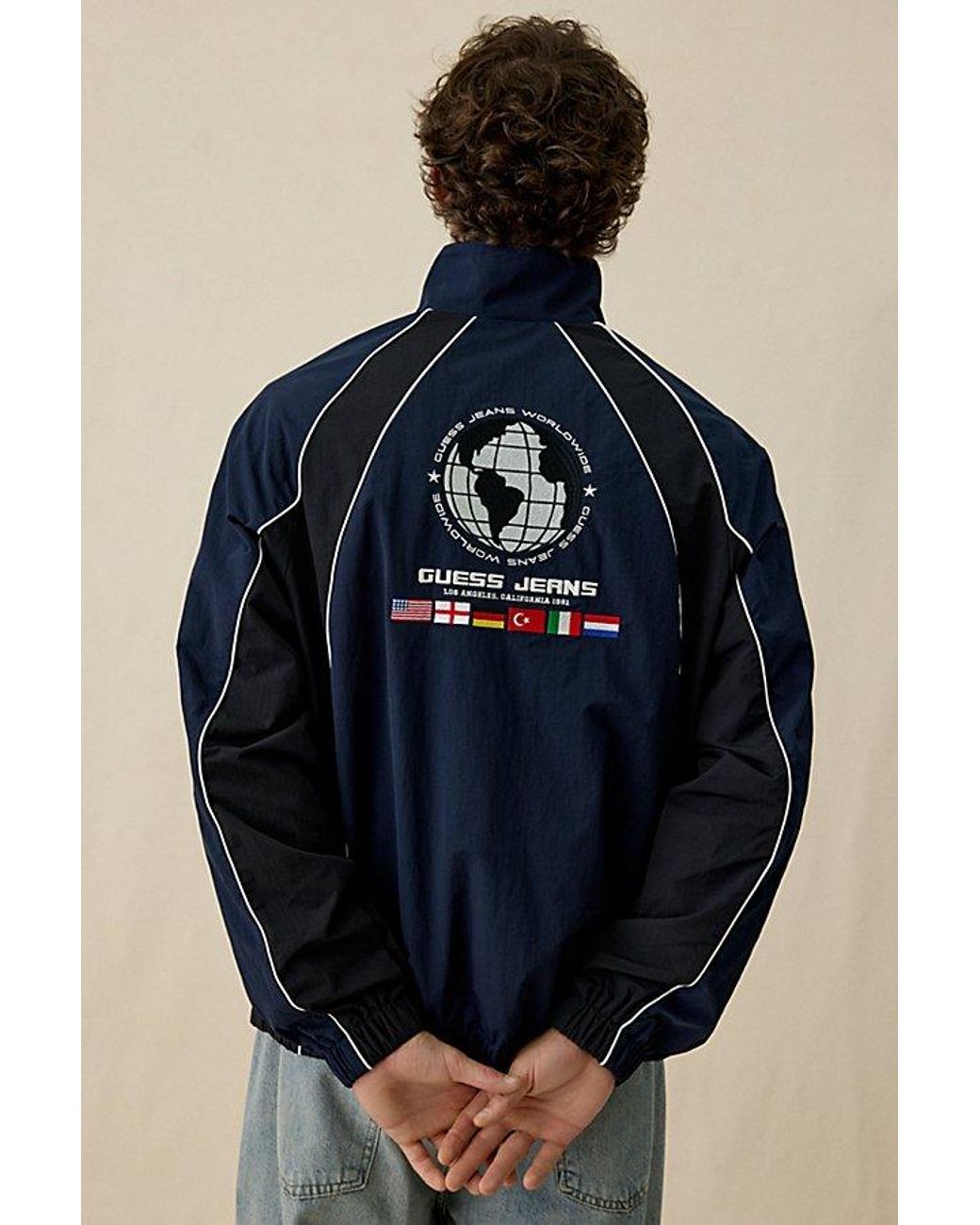 Guess Blue Crinkle Nylon Windbreaker Jacket for men