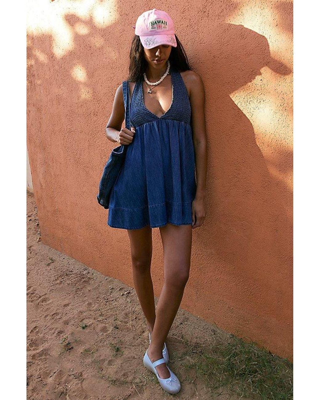BDG Iris Smocked Plunging V-Neckline Halter Mini Dress in Blue | Lyst