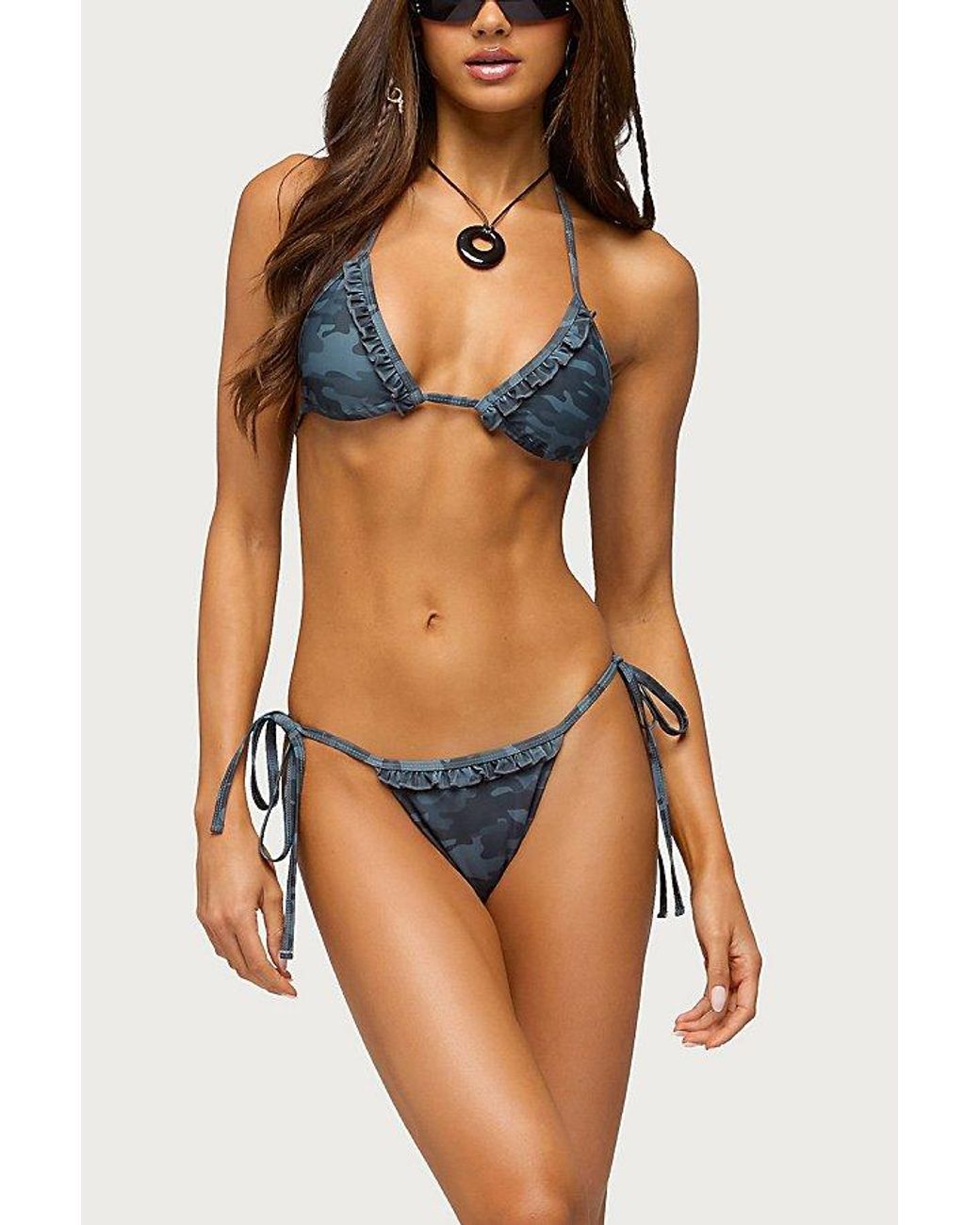 Edikted Blue Aviah Ruffle Camo String Bikini Bottom