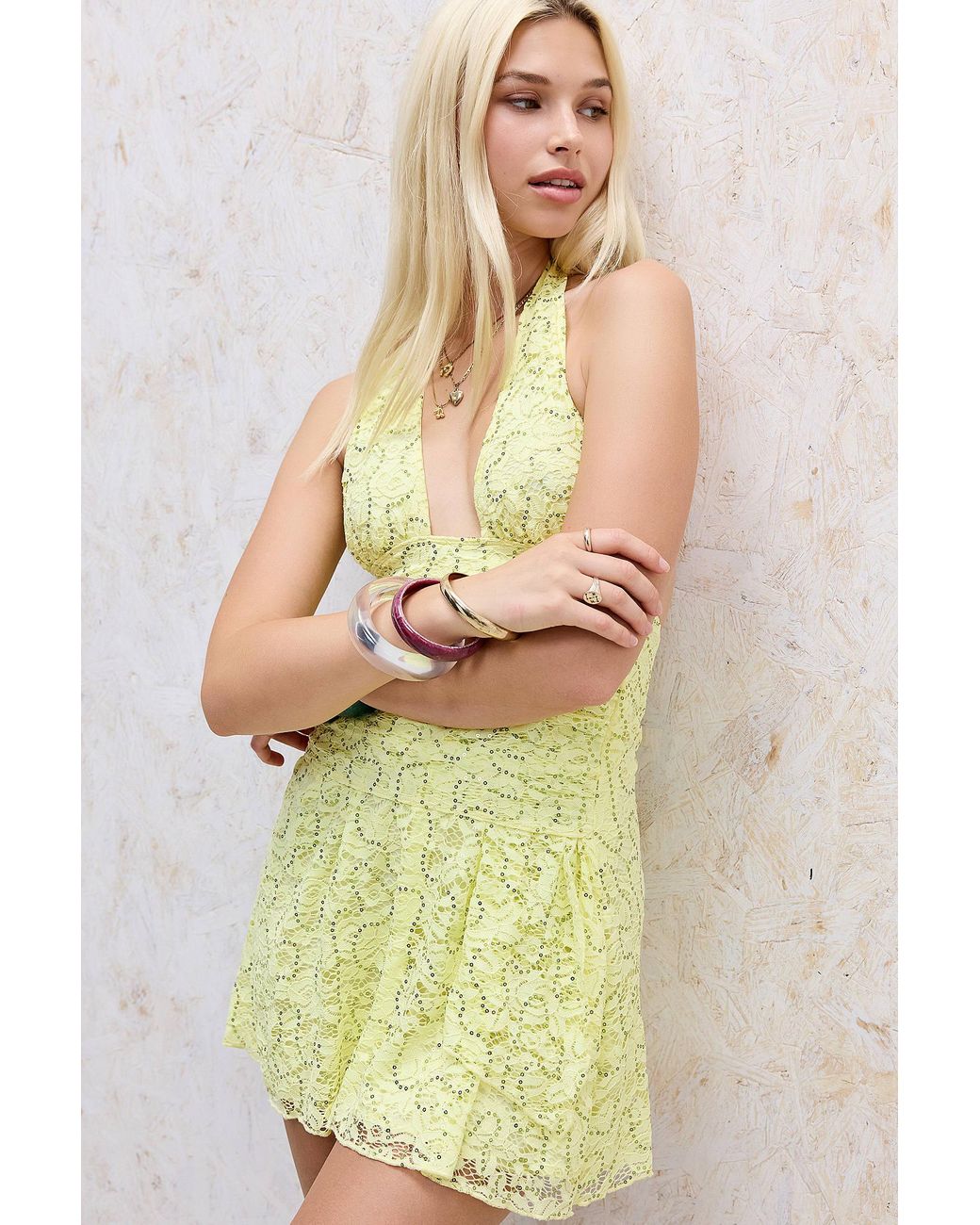 Motel Yellow Marty Embellished Mini Dress