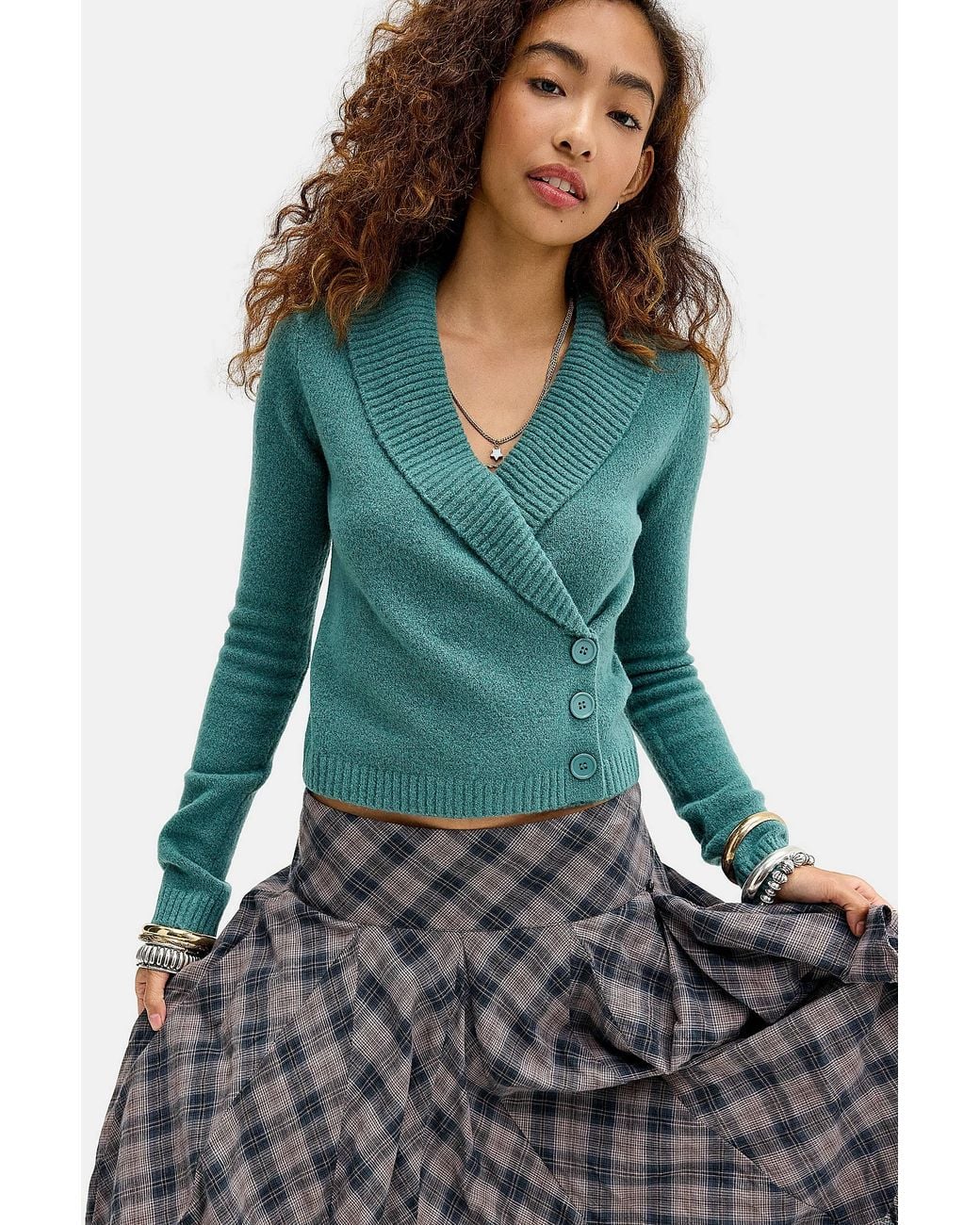 Urban Outfitters Green Uo Suki Button-through Wrap Cardigan