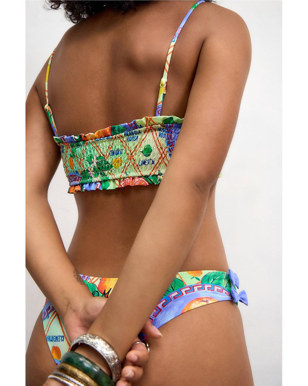 Damson Madder Black Jessie Orange Print Shirred Bow Bikini Top