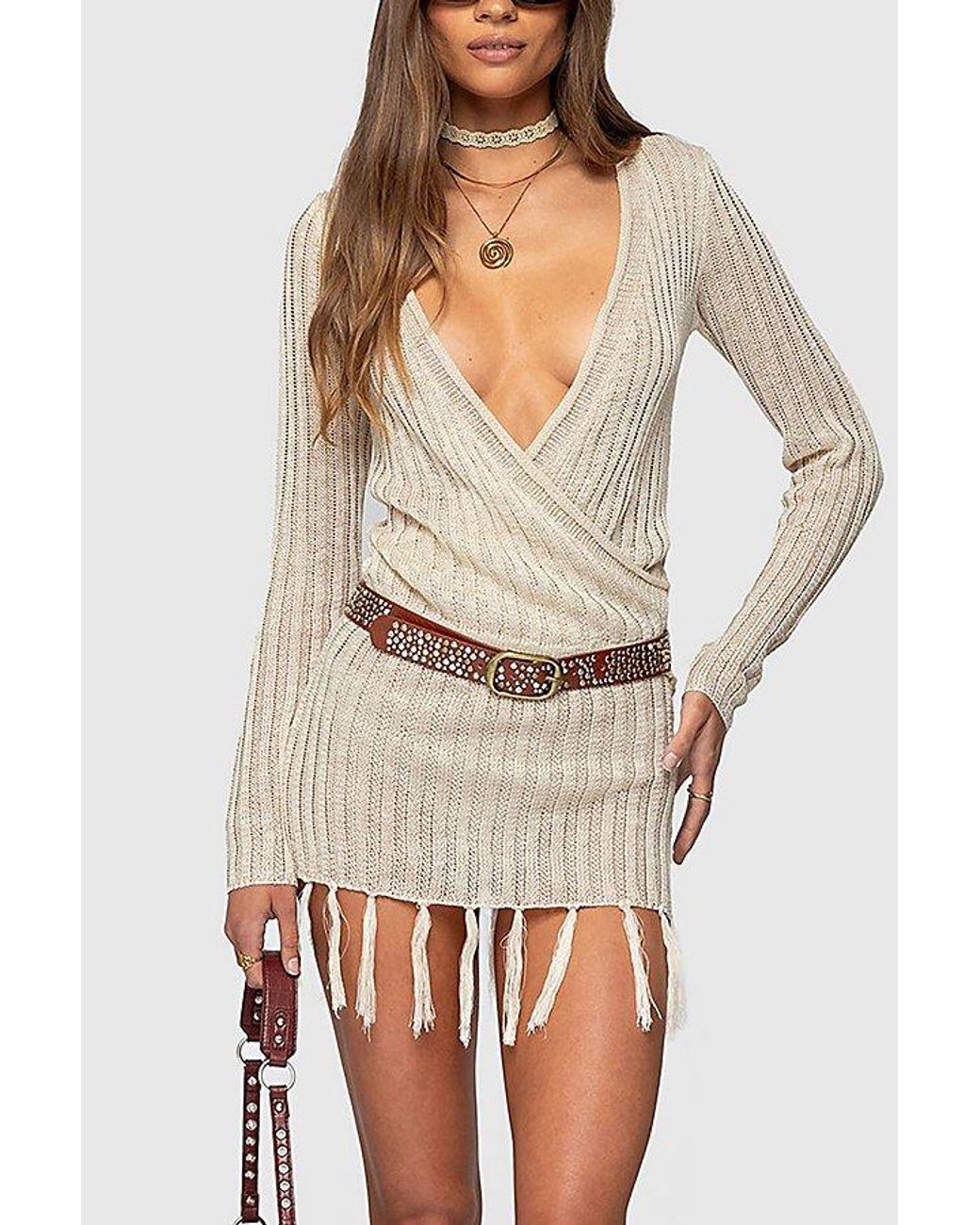 princess polly baby blue dress Beige Tassel Trim V Neck Midi Dress For Women at Kuwait main image 0