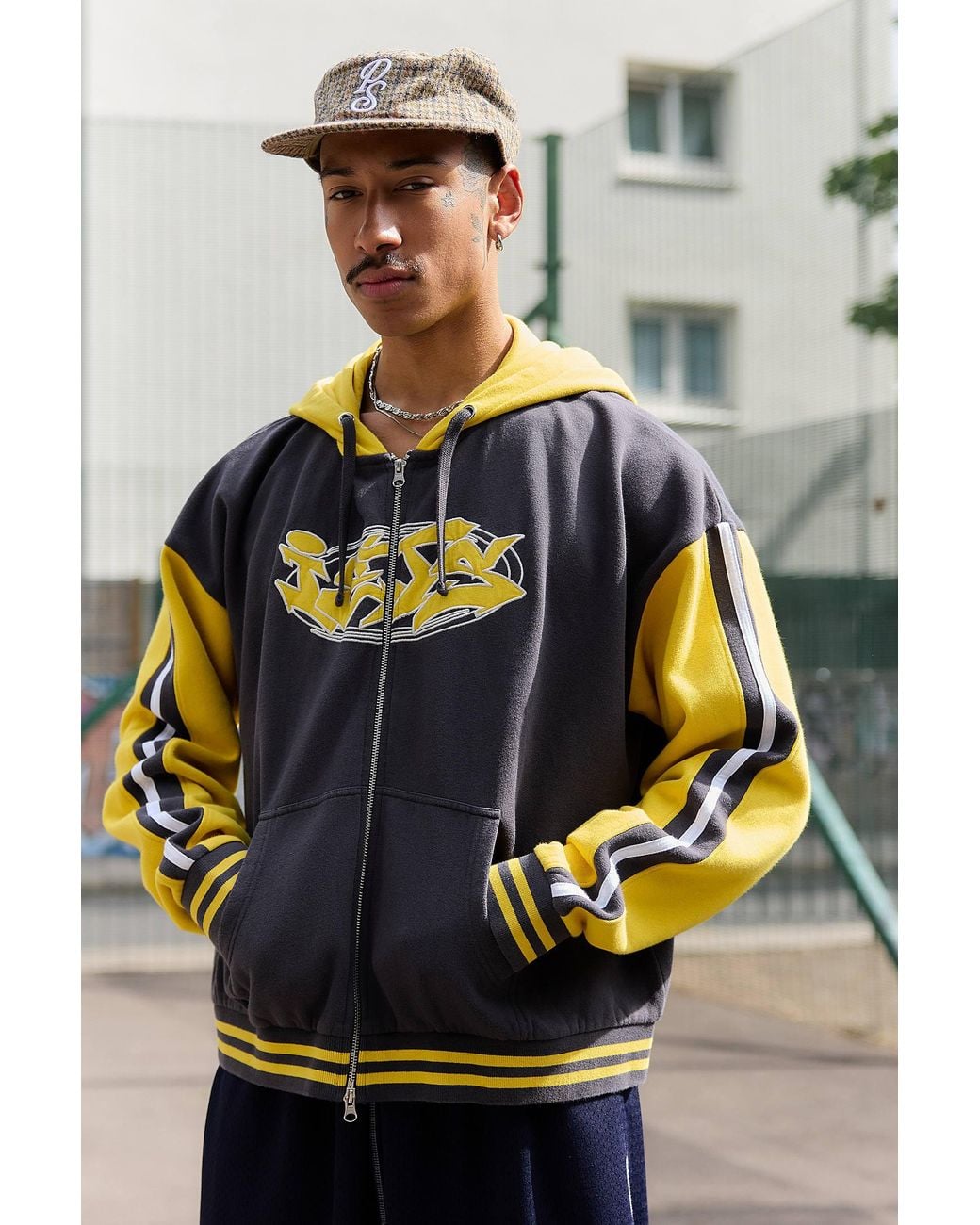 iets frans Gray Navy & Yellow Colourblock Zip-through Hoodie for men