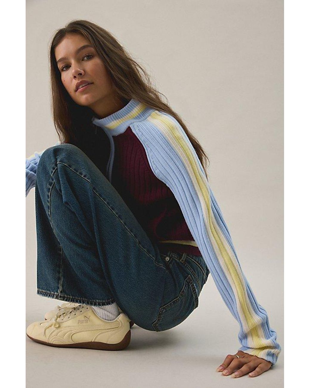 BDG Blue Ruby Ribbed Knit Mockneck Zip-Up Cardigan
