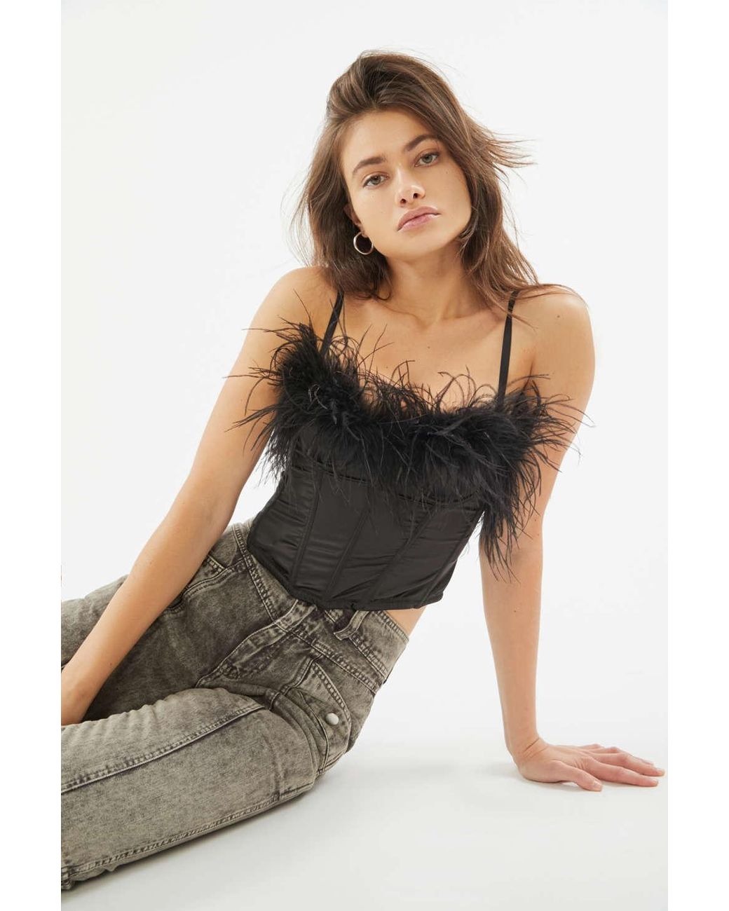 Urban Outfitters Uo Alaya Feather-trim Bustier in Black | Lyst