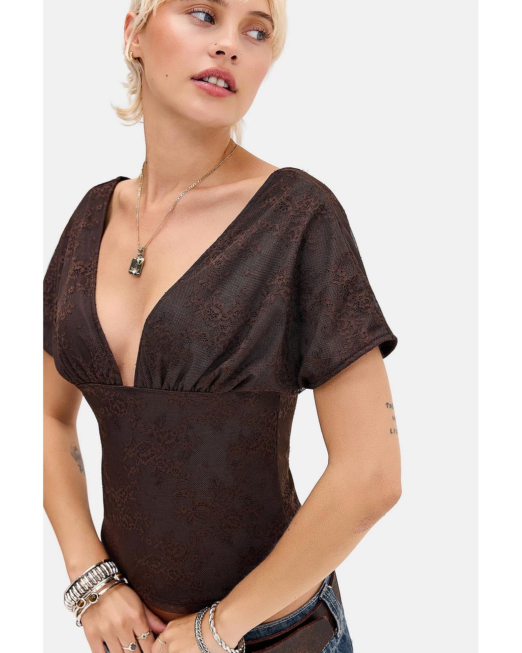 Motel Black Chocolate Rovali Tie Back Lace Top