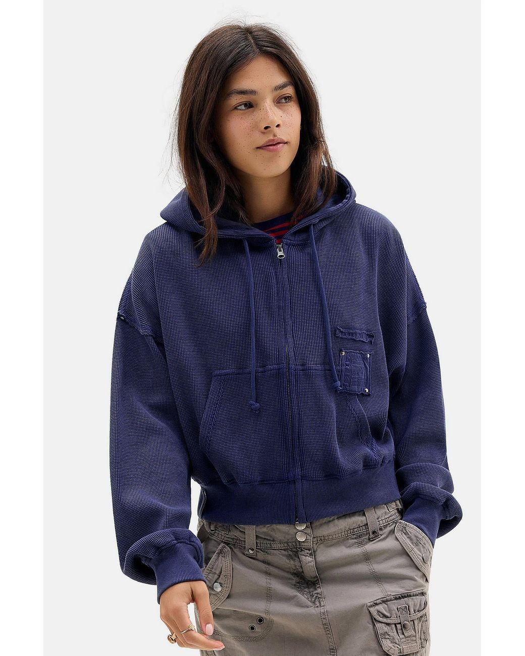 BDG Blue Zip-through Waffle Hoodie