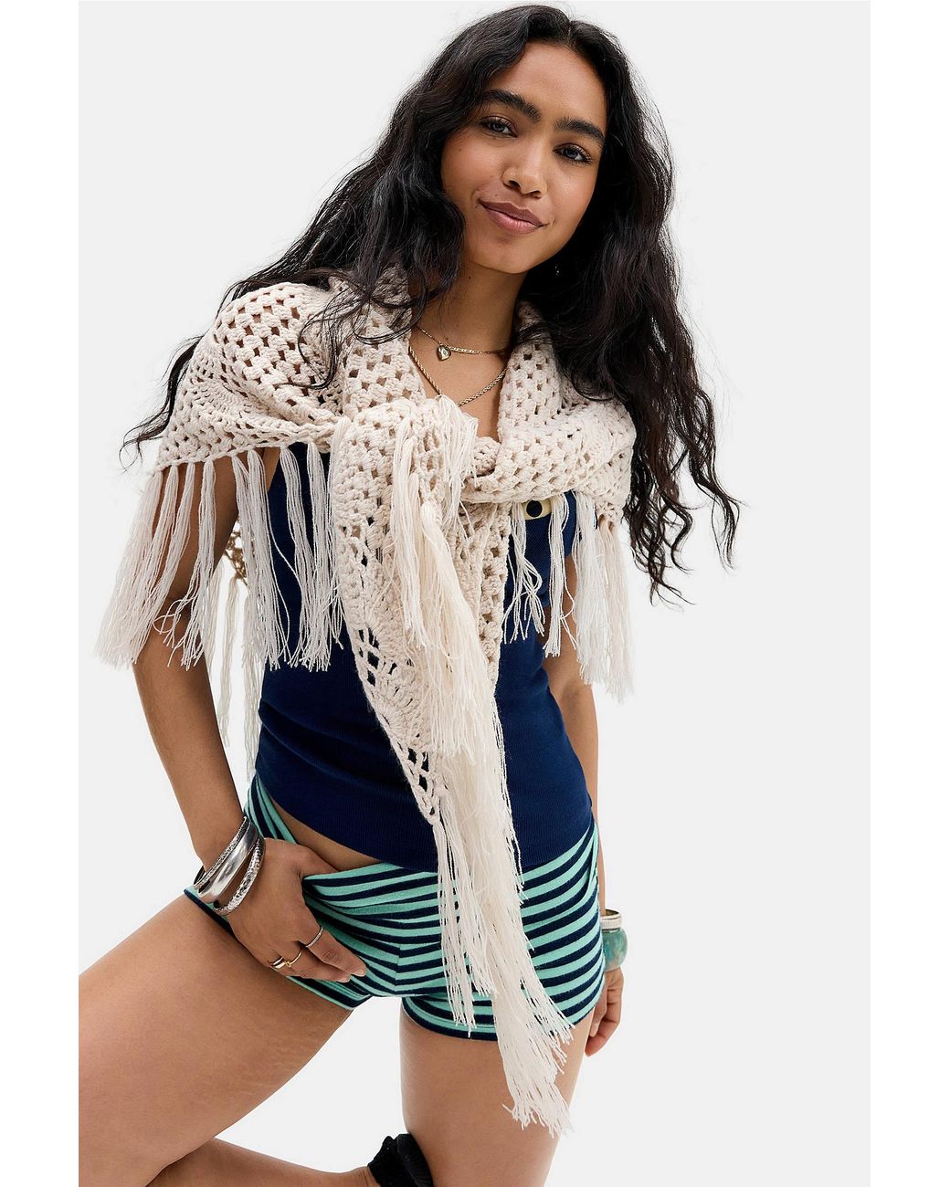 Urban Outfitters Natural Uo Fringed Knit Shawl