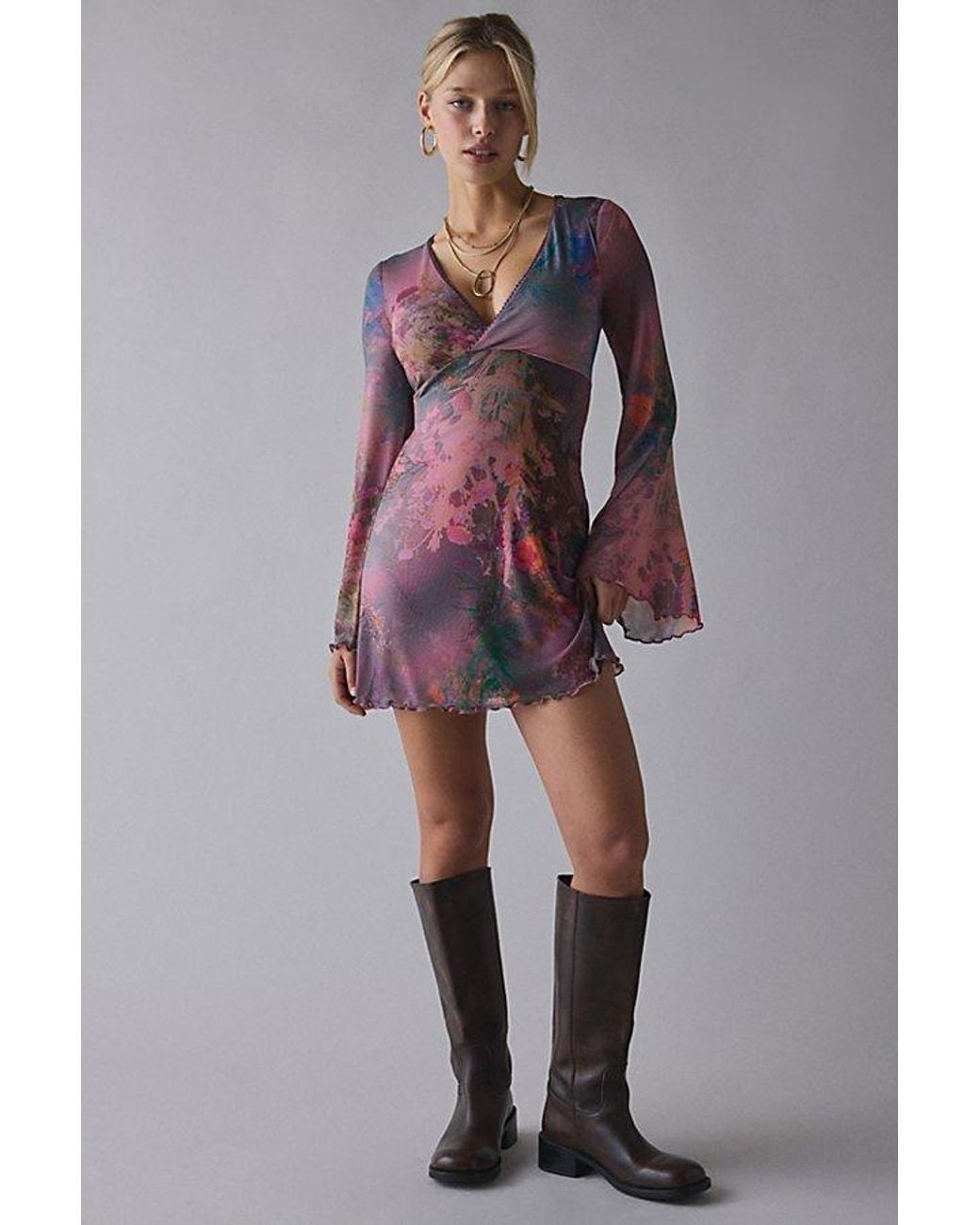 Women's Velvet Lace Trim V-Neck Mesh Long Sleeve Club Mini Dress – Ruched Bust Flowy A-Line Velvet Mini Dress