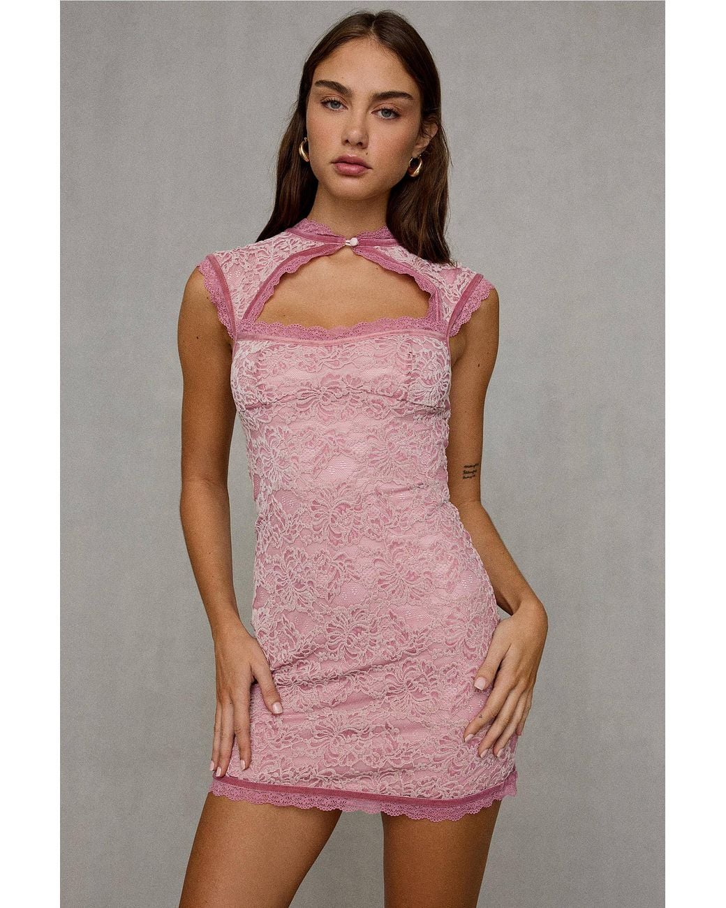 Kimchi Blue Pink Call Me Lace Keyhole Mini Dress