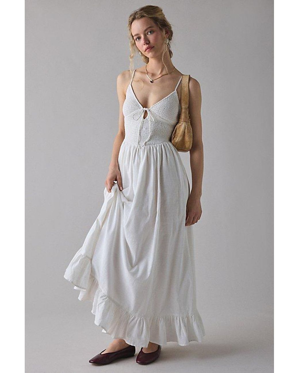 Kimchi Blue Keepsake Tie-Front Smocked Cotton Maxi Dress in Gray | Lyst